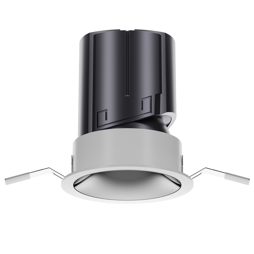 NOVA 95 architectural LED downlight with silver reflector, precision optics and deep recessed anti-glare design.