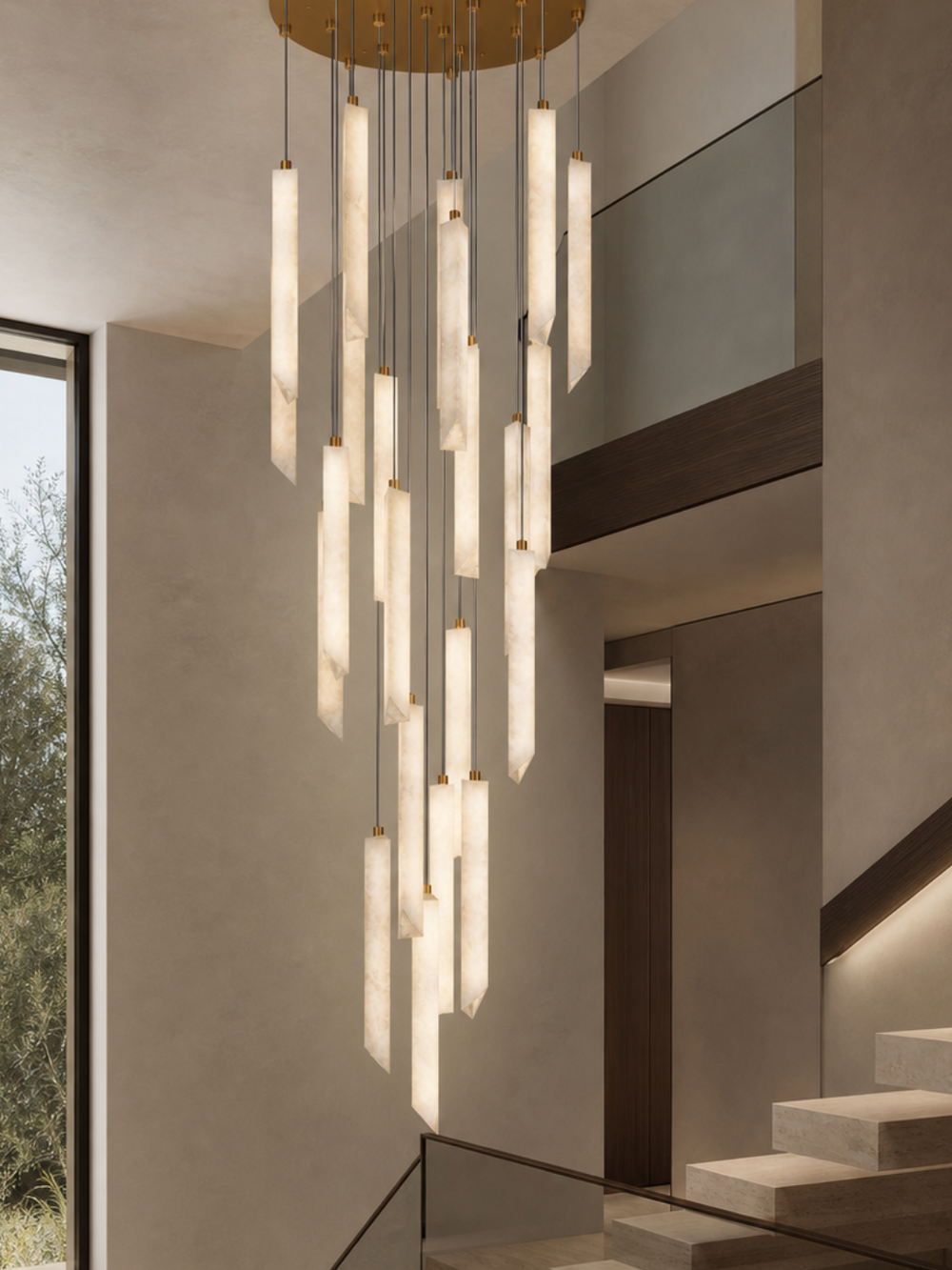 Obelisk Spanish Alabaster Pendant Light installed as a bespoke staircase chandelier with genuine Spanish alabaster and brass finish.