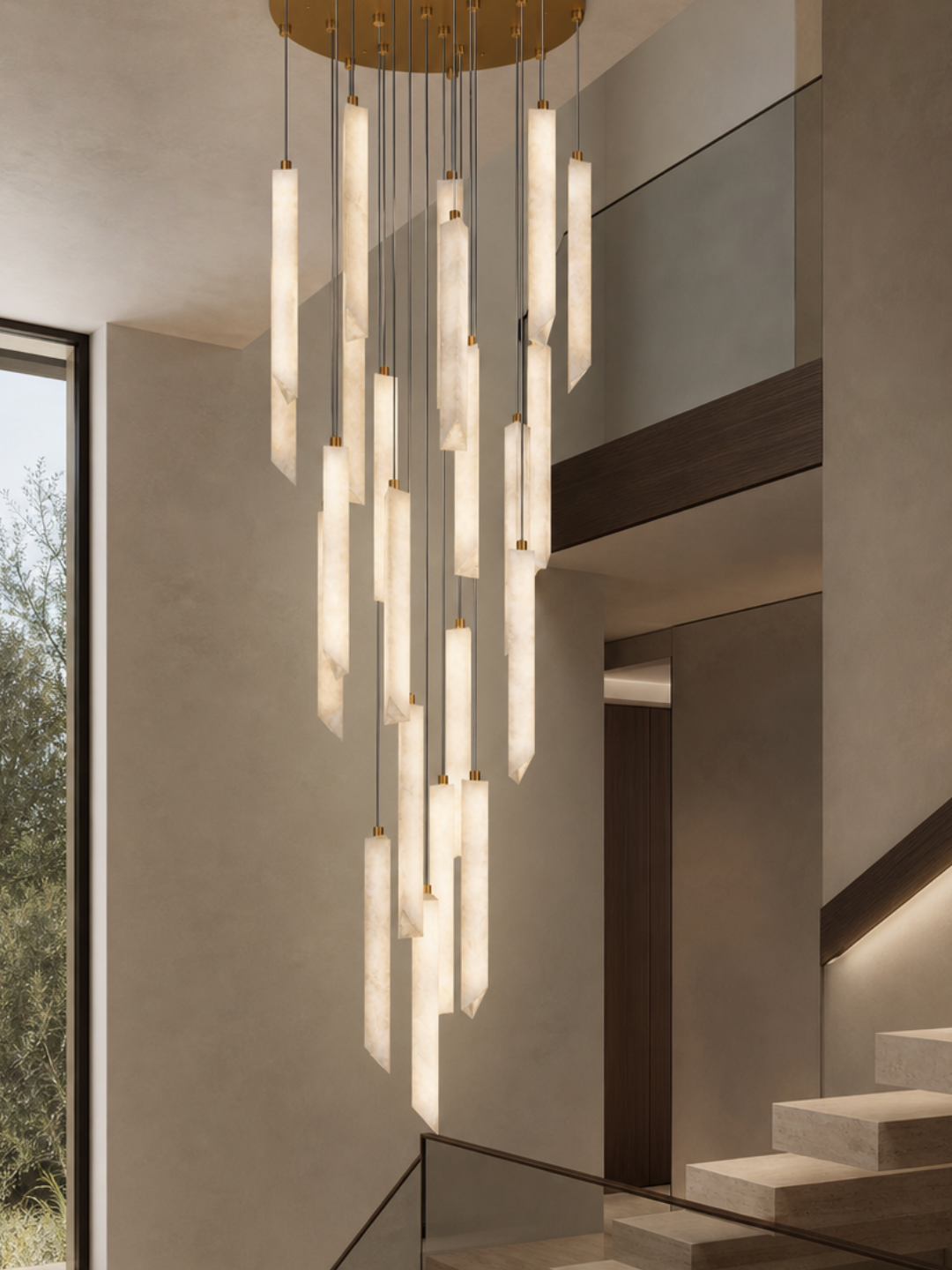 Obelisk Spanish Alabaster Pendant Light installed as a bespoke staircase chandelier with genuine Spanish alabaster and brass finish.