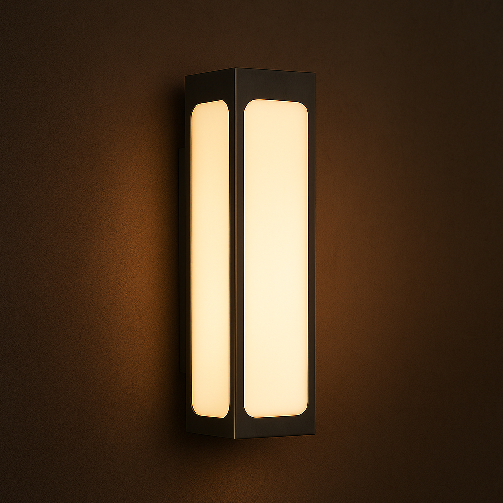 Orion brass outdoor wall light with rounded corners and a modern rectangular form featuring warm faux alabaster illumination in a front view.