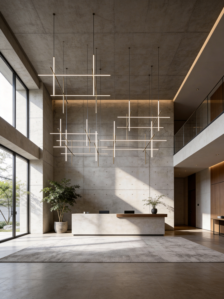 Architectural Orion Linear Pendant Light suspended above a modern commercial reception area with minimalist concrete interior.