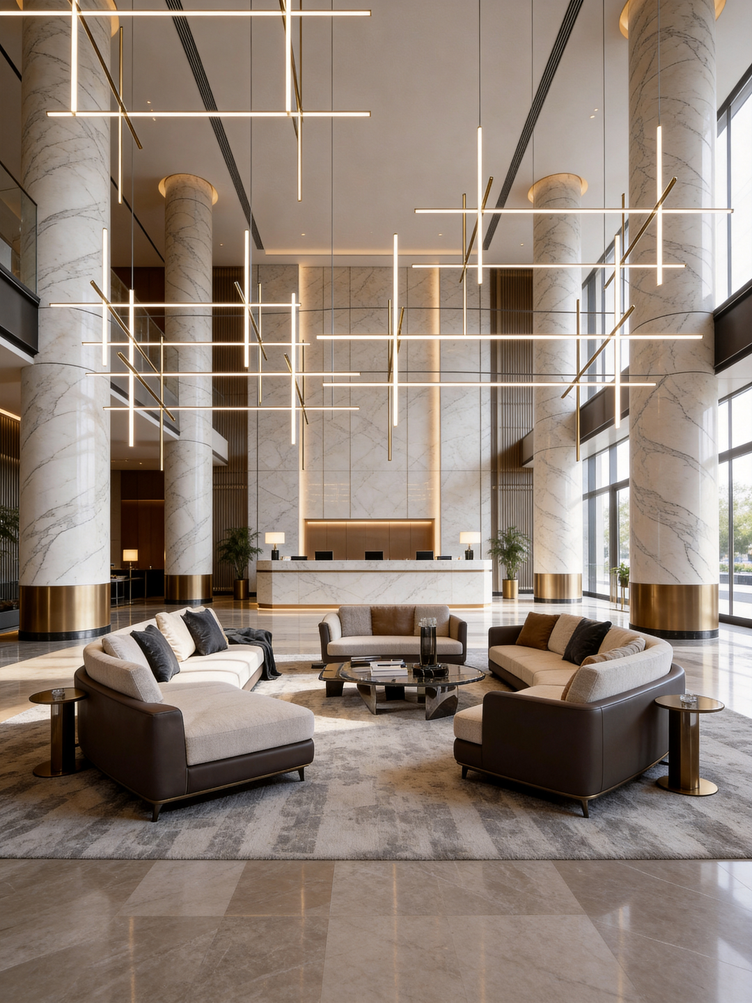 Orion Linear Pendant Light installed in a luxury hotel lobby with double-height ceiling and modern architectural interior design.