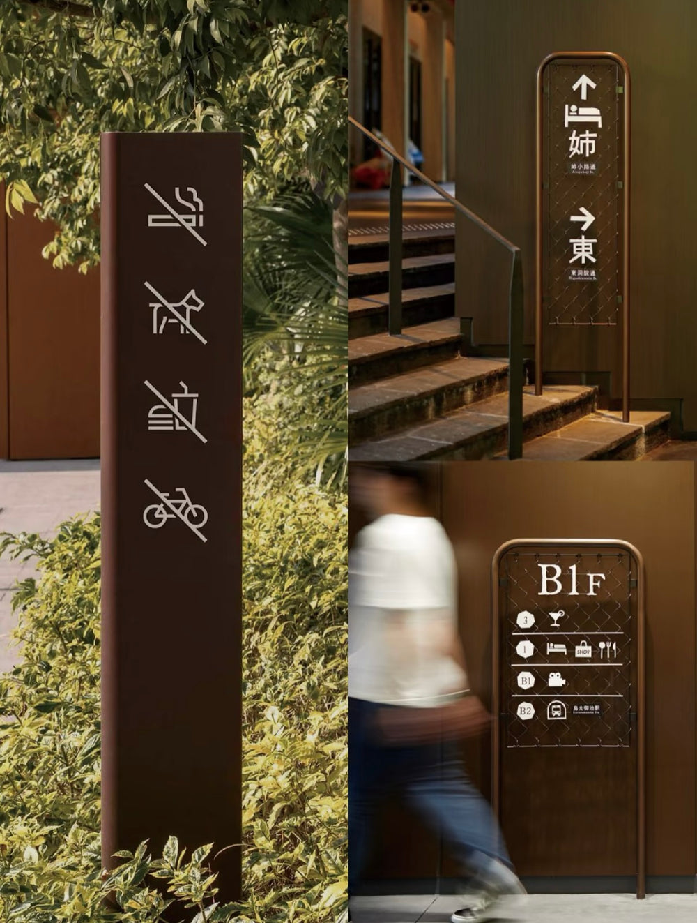 Outdoor freestanding wayfinding sign showing parking and directional information for commercial spaces