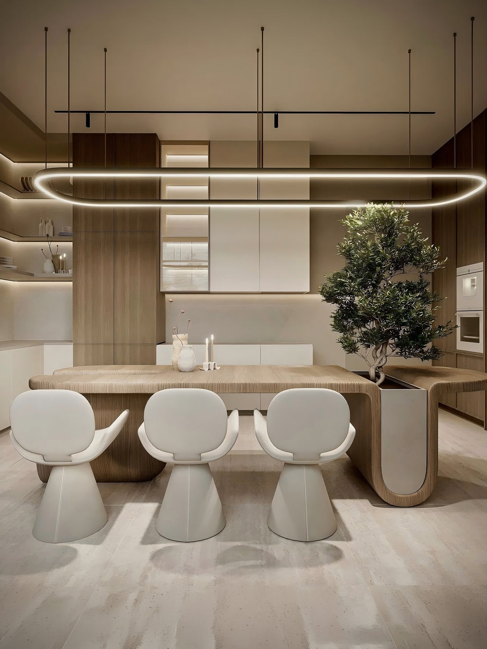 Custom oval LED ring pendant light centred above a modern dining table in a warm neutral interior, front view with sculptural white chairs, Oval LED Ring Bespoke Lighting by Lucretia