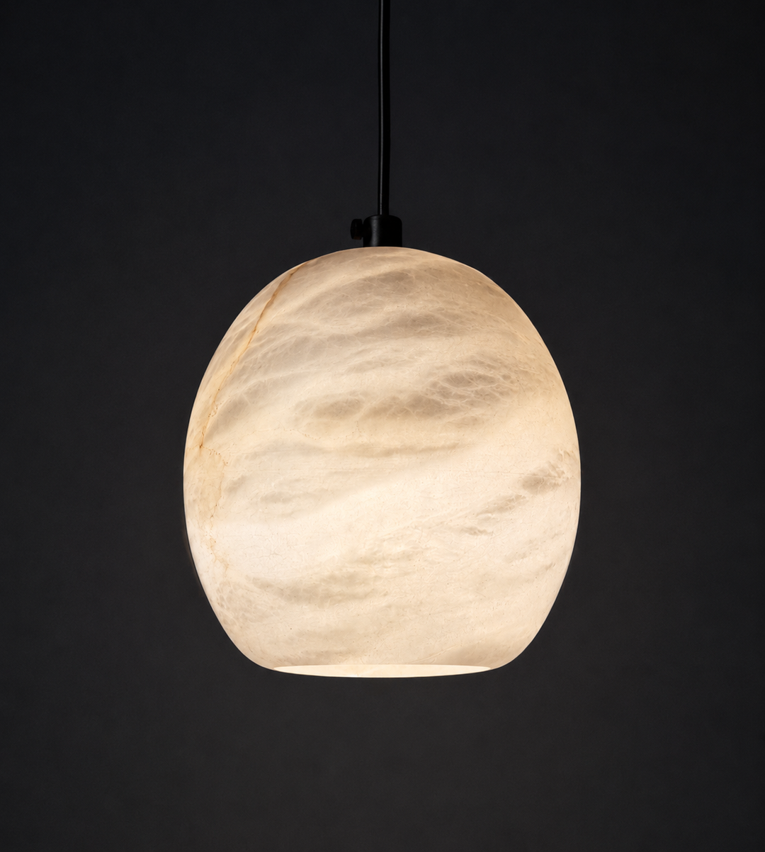 Ovela Spanish alabaster pendant light crafted from natural stone with unique veining and a warm translucent glow