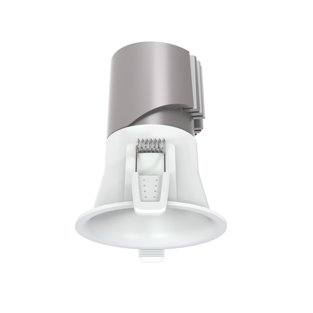 P1 3 inch round fixed architectural LED recessed downlight with white trim for residential, hospitality and commercial lighting applications.