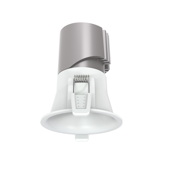 P1 3 inch round fixed architectural LED recessed downlight with white trim for residential, hospitality and commercial lighting applications.