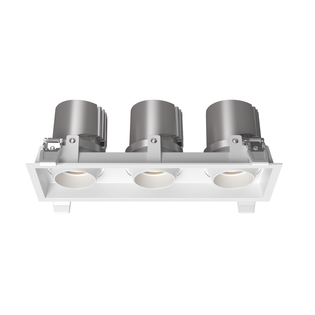 P1 3 inch triple square trimless architectural LED recessed downlight with deep anti-glare optics for commercial, hospitality and luxury residential lighting.