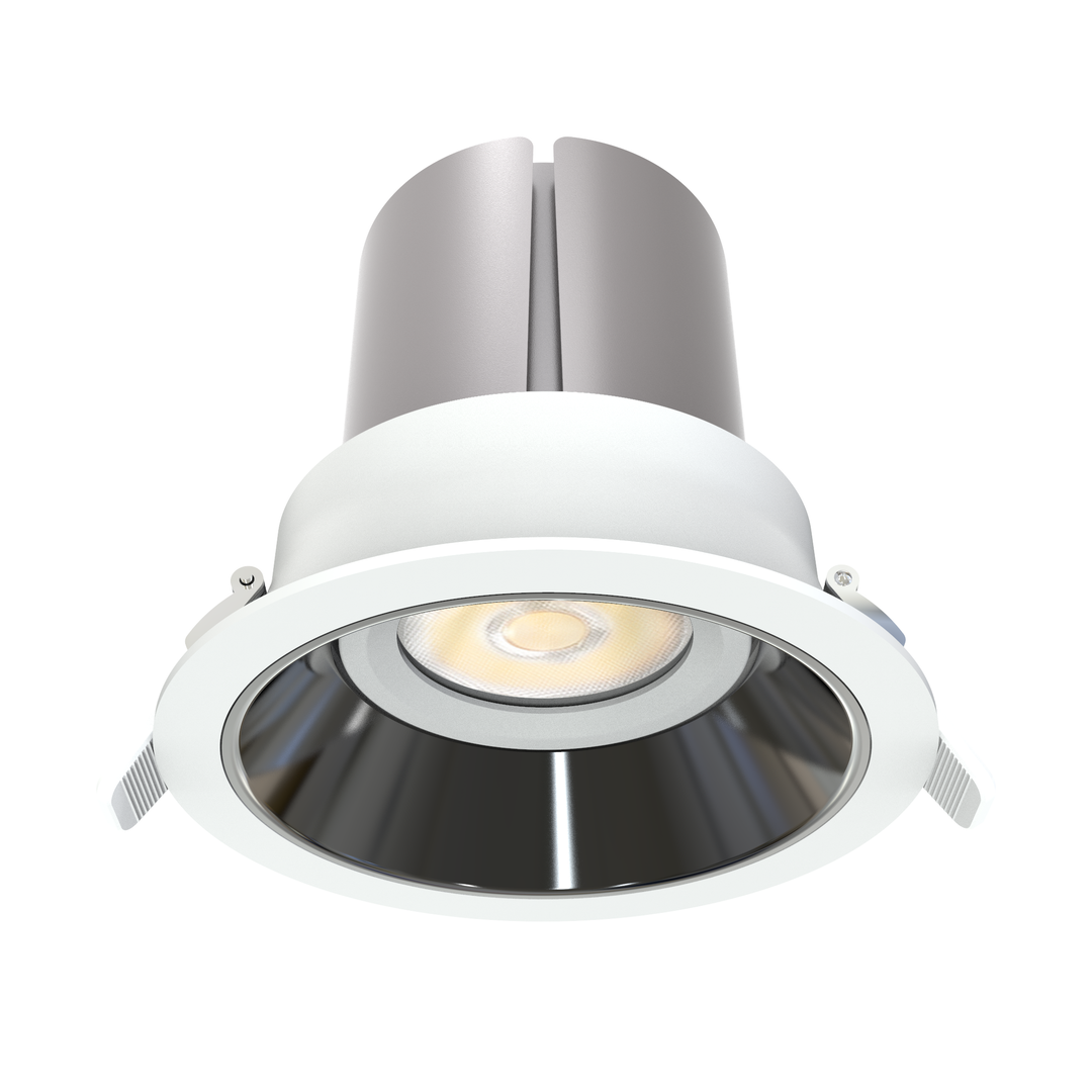P1 4 inch round fixed architectural LED recessed downlight with deep anti-glare reflector for residential, hospitality and commercial lighting projects.