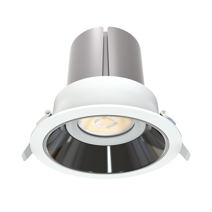 P1 4 inch round fixed architectural LED recessed downlight with deep anti-glare reflector for residential, hospitality and commercial lighting projects.