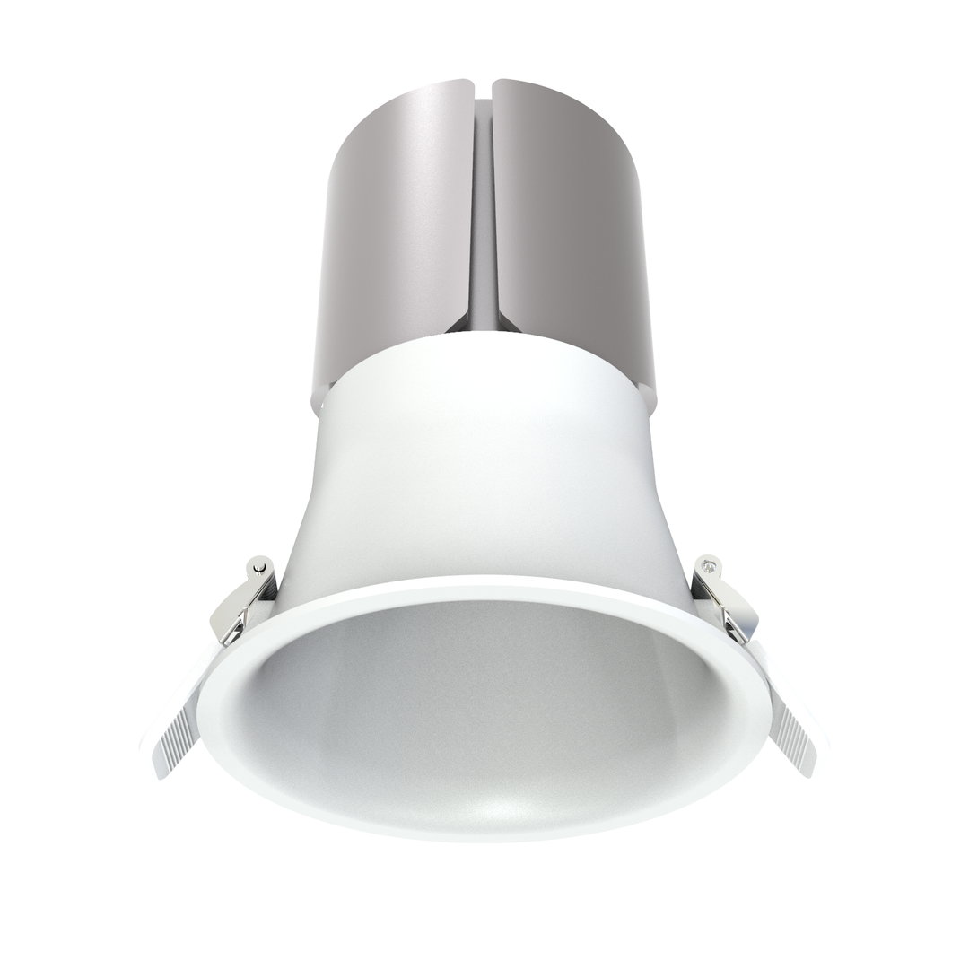 P1 4 inch round fixed recessed light with white trim and deep regressed optical design engineered by Lucretia for North America.