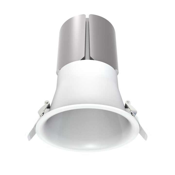 P1 4 inch round fixed recessed light with white trim and deep regressed optical design engineered by Lucretia for North America.