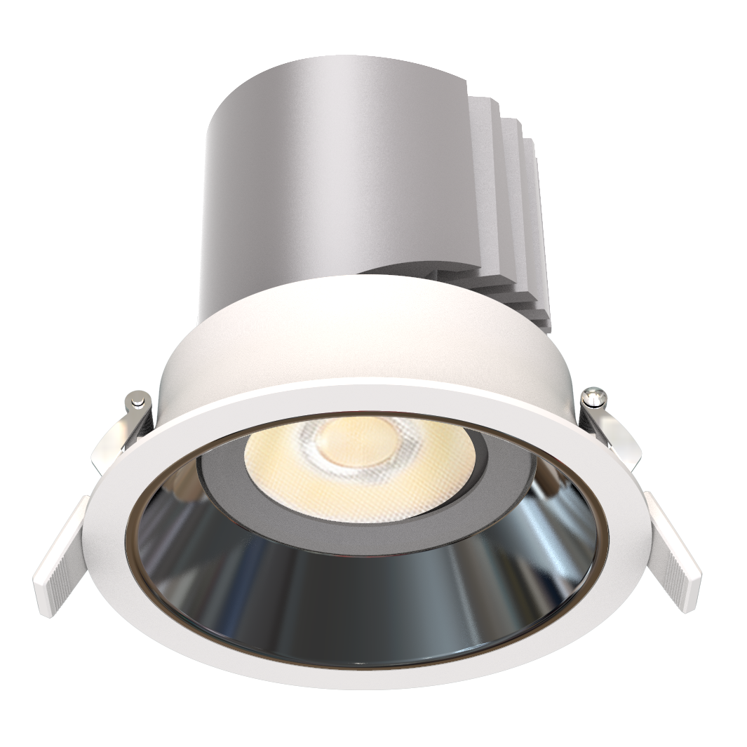 P1 5 inch round fixed architectural LED recessed downlight with deep anti-glare reflector for commercial and residential lighting applications.