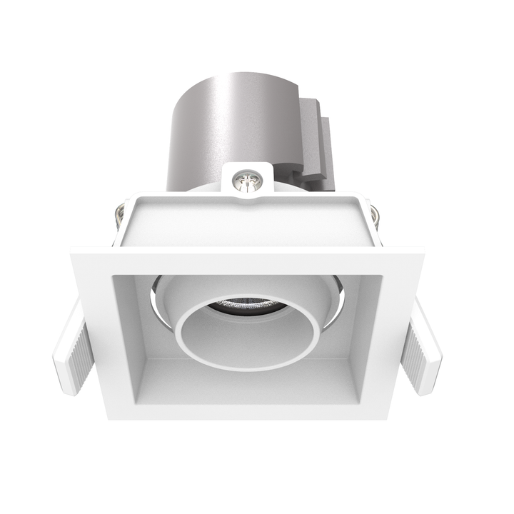 Angled view of the P1 3-inch Square Adjustable Architectural LED Downlight with square trim and directional lighting.