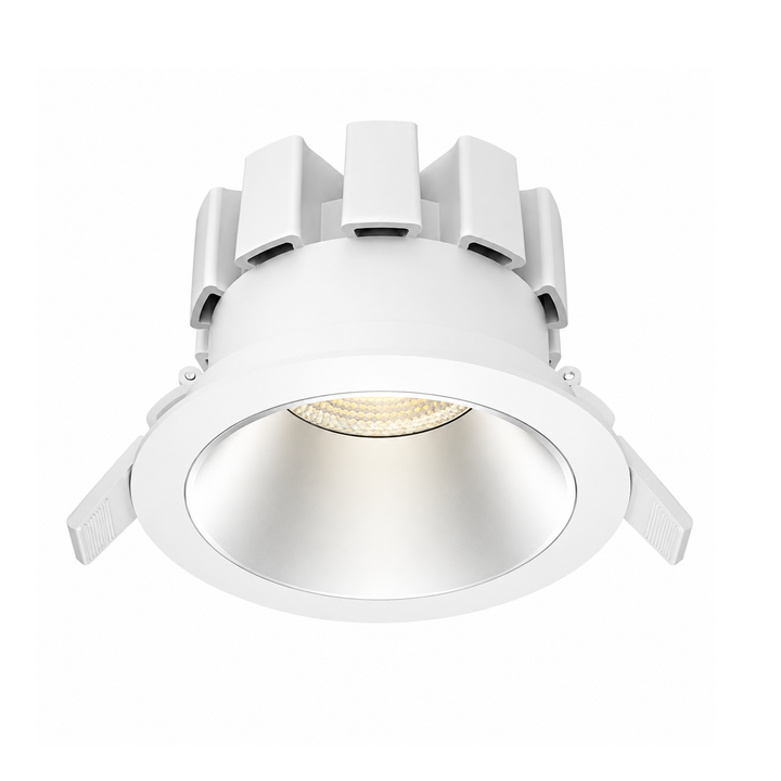 P1 Wide Beam Architectural LED Downlight with white reflector for luxury residential and commercial architectural lighting.