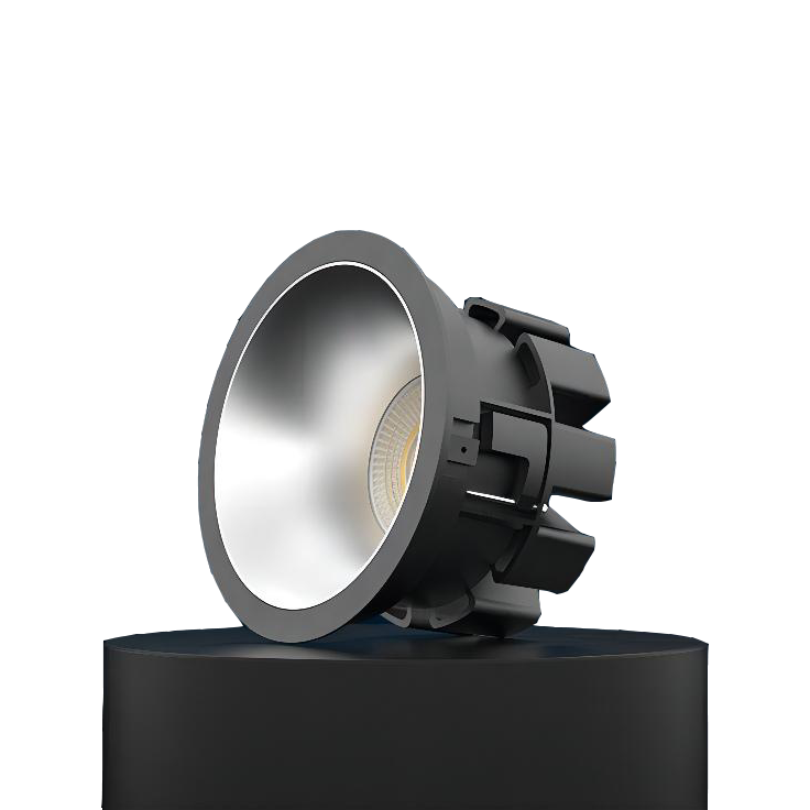 Side view of the P1 Wide Beam Architectural LED Downlight showing the deep recessed optical design and die-cast aluminium housing.