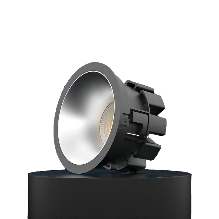 Side view of the P1 Wide Beam Architectural LED Downlight showing the deep recessed optical design and die-cast aluminium housing.