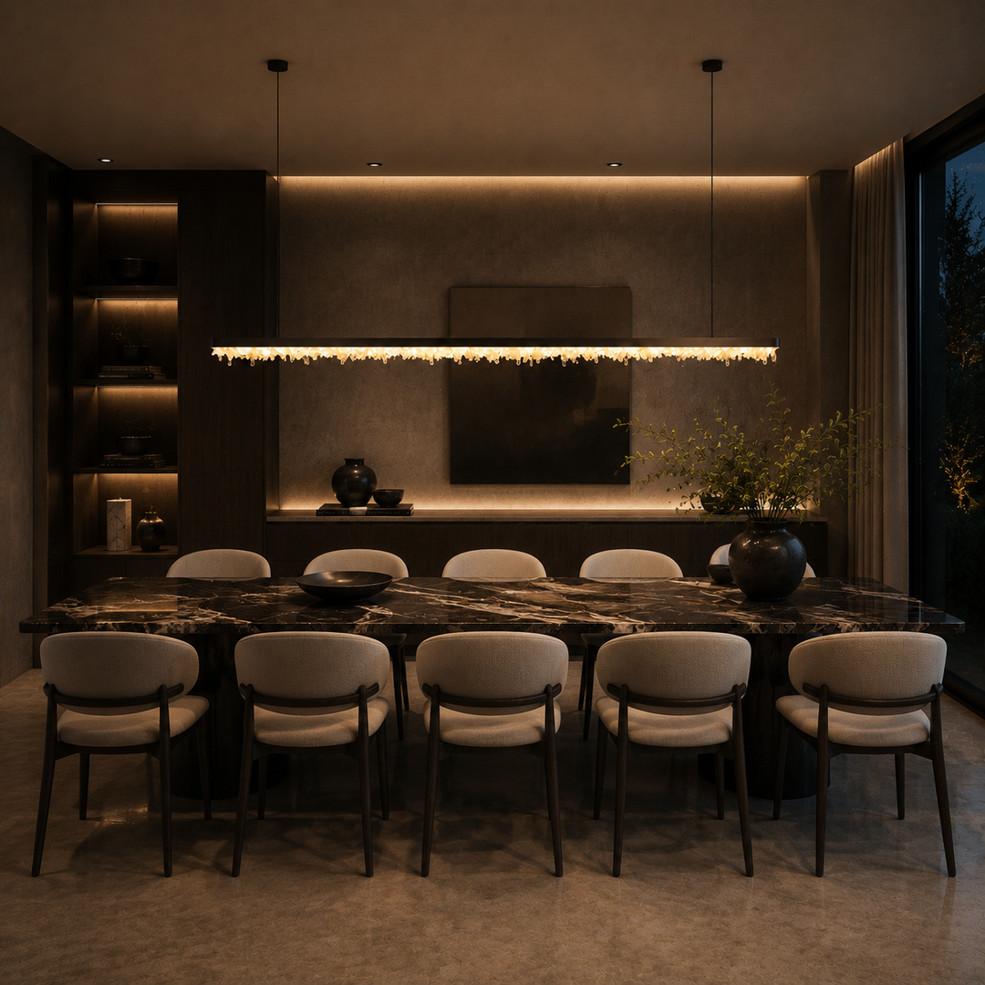 Pedra de Cristal horizontal crystal linear pendant light suspended above a contemporary dining table in a luxury interior.
