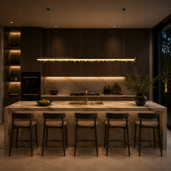 Pedra de Cristal crystal linear pendant light suspended above a luxury kitchen island, featuring natural South American crystal, warm LED illumination and minimalist contemporary architecture.