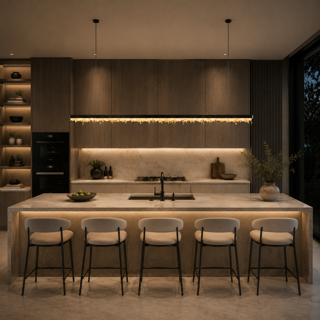 Modern kitchen featuring the Pedra de Cristal crystal linear pendant light above a stone island bench with warm architectural lighting.