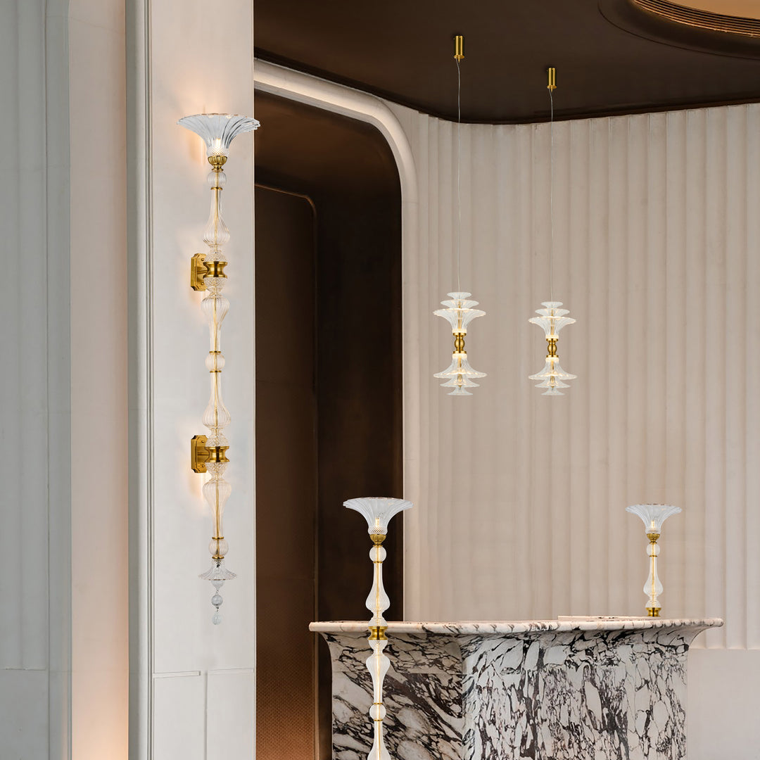 Petaluxe B1A tall vertical wall sconce installed in a luxury interior, handmade glass wall lamp for hallways, reception rooms, and feature walls