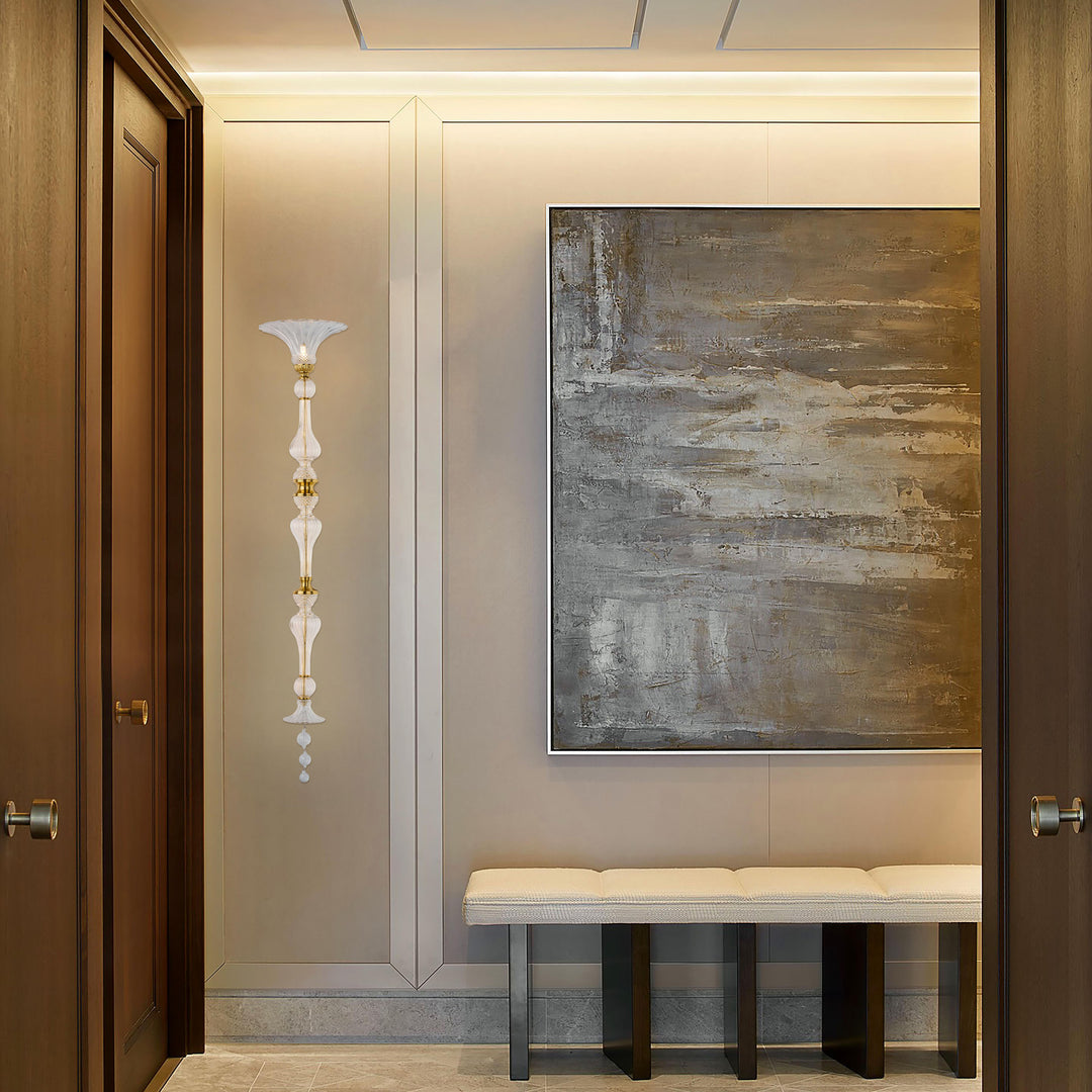 Petaluxe B1A wall light with handmade sculptural glass and brass accents, vertical luxury wall lamp for hallways, entryways, and interior lighting