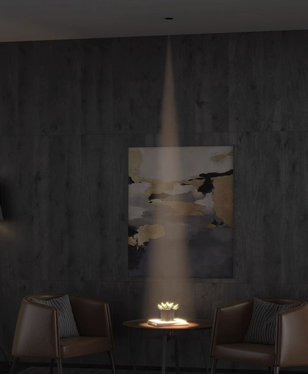 PIN 55 narrow beam architectural downlight creating a precise 5° accent light for artwork in a luxury residential interior.