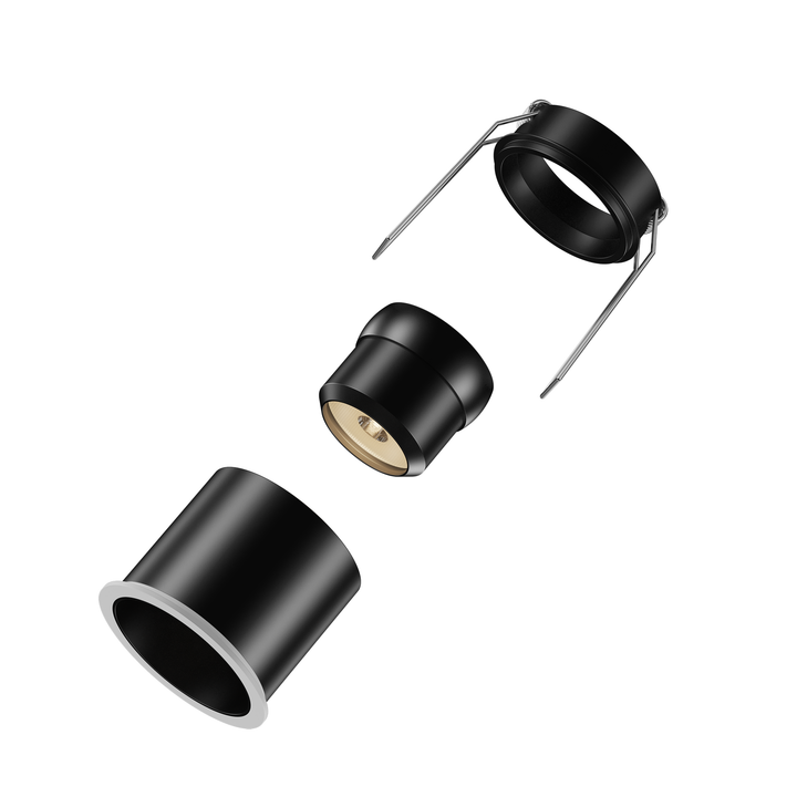 Exploded view of the PIN 55 architectural downlight with precision optics and die-cast aluminium construction.