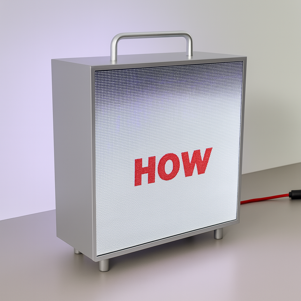 Portable LED briefcase display for digital signage, featuring a compact P3 full-colour LED screen with handle, ideal for pop-up events, trade shows and retail promotions.