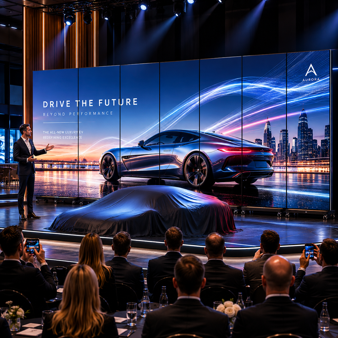 Portable LED Poster Displays connected as a seamless LED video wall for automotive product launches, vehicle reveal events and premium corporate presentations.