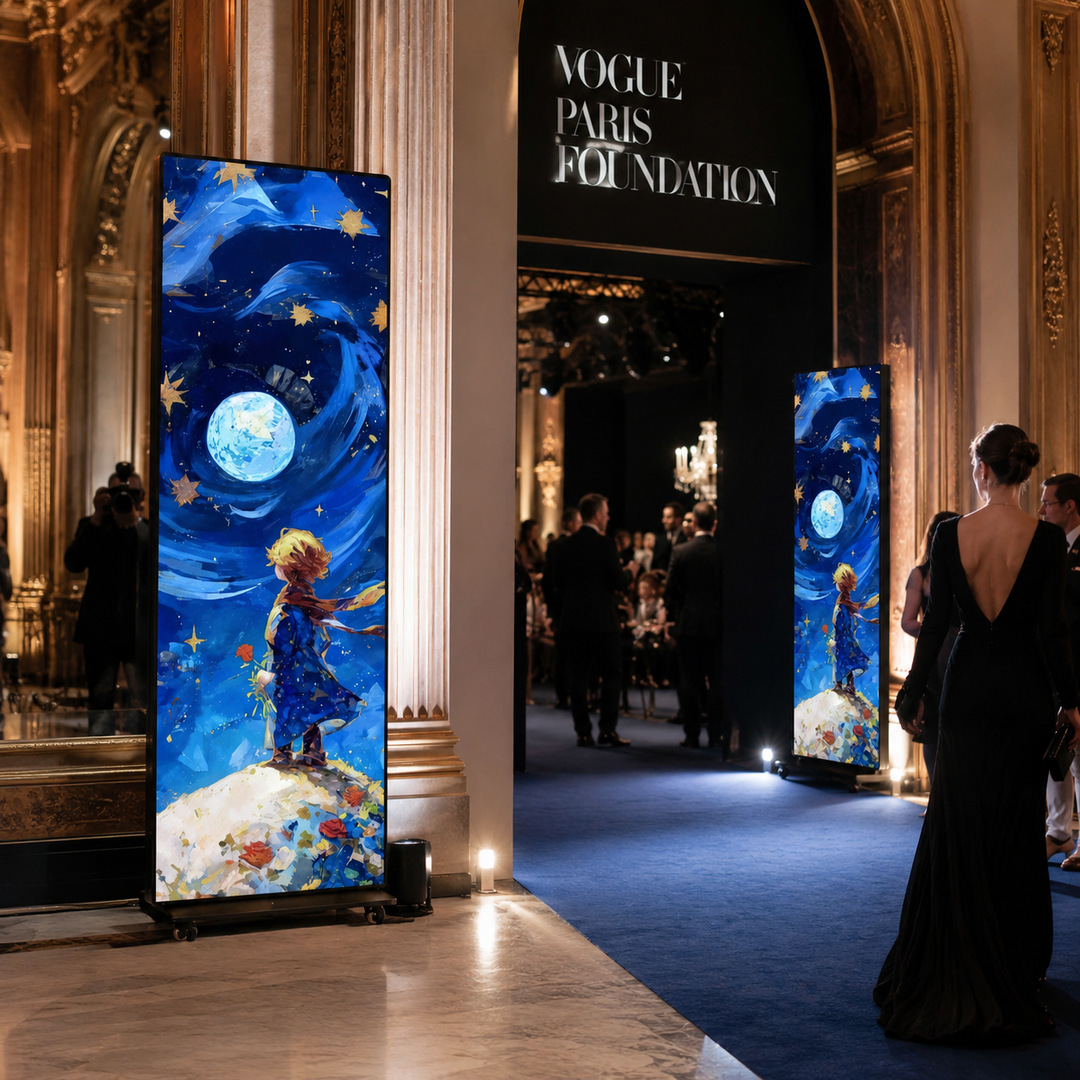 Portable LED Poster Display with ultra-slim aluminium cabinet and mobile base for retail advertising, exhibitions, events and commercial digital signage applications.