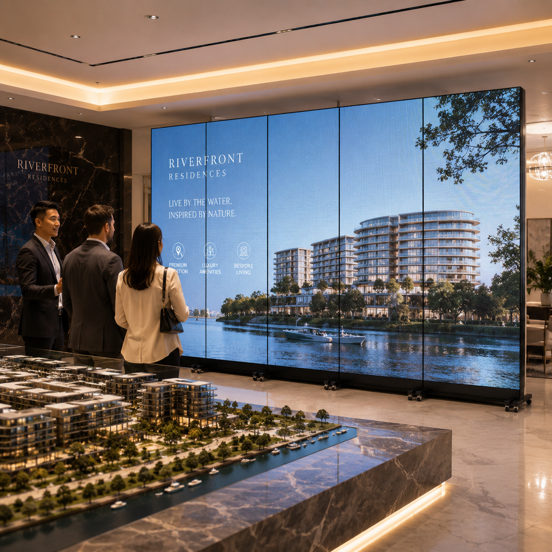 Portable LED Poster Displays forming a digital presentation wall in a luxury property sales gallery showcasing residential developments, architectural renders and lifestyle imagery.