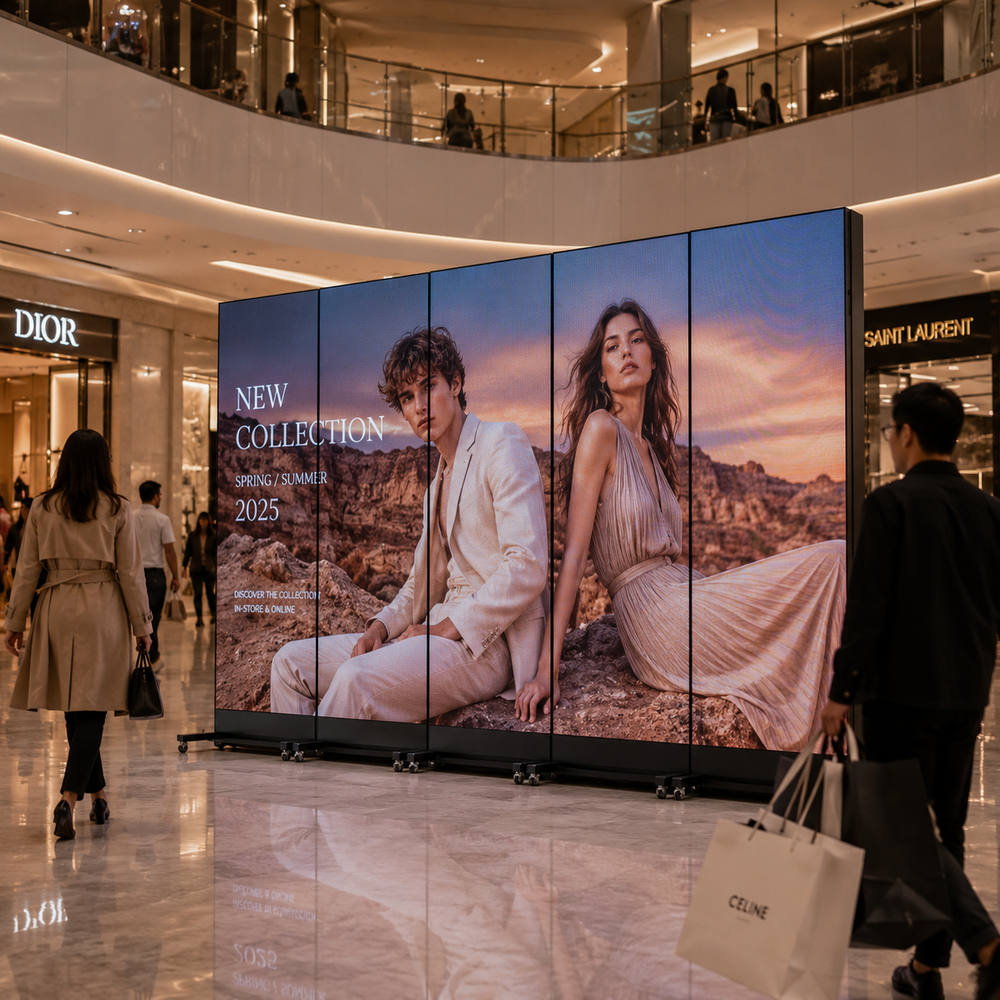 Portable LED Poster Displays creating a large digital advertising wall inside a luxury shopping centre for fashion campaigns, retail promotions and brand marketing.