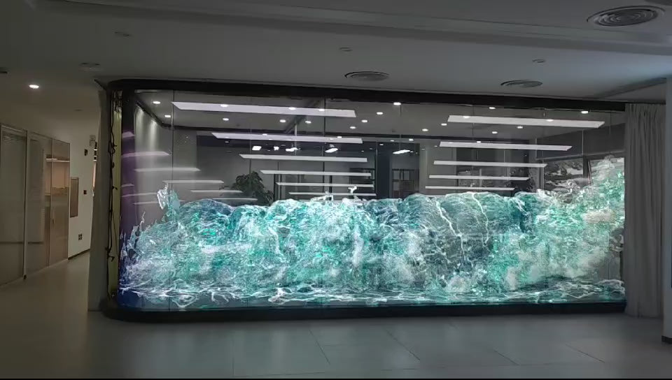 Large-format Holographic LED Display installed behind glass, delivering high-transparency digital content for commercial buildings and public spaces.