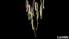 Floating installation of Lucretia Pharaoh Curve chandelier featuring cascading curved crystal segments and LED illumination