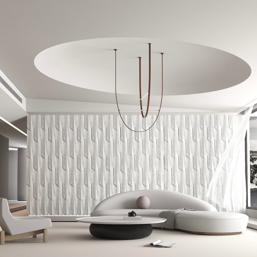 PU feather decorative wall panel with 3D texture used as a feature wall in a modern living room interior
