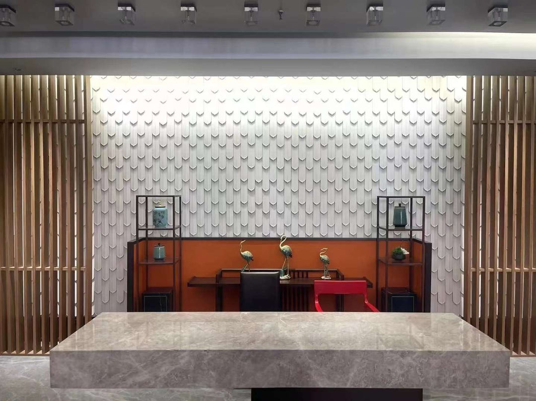 PU feather decorative wall panel applied as a feature wall in a commercial interior space