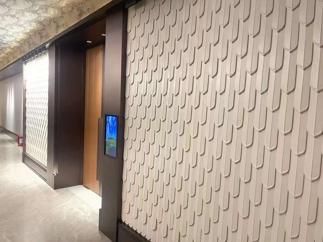 PU feather decorative wall panel used as a feature wall in a commercial corridor interior