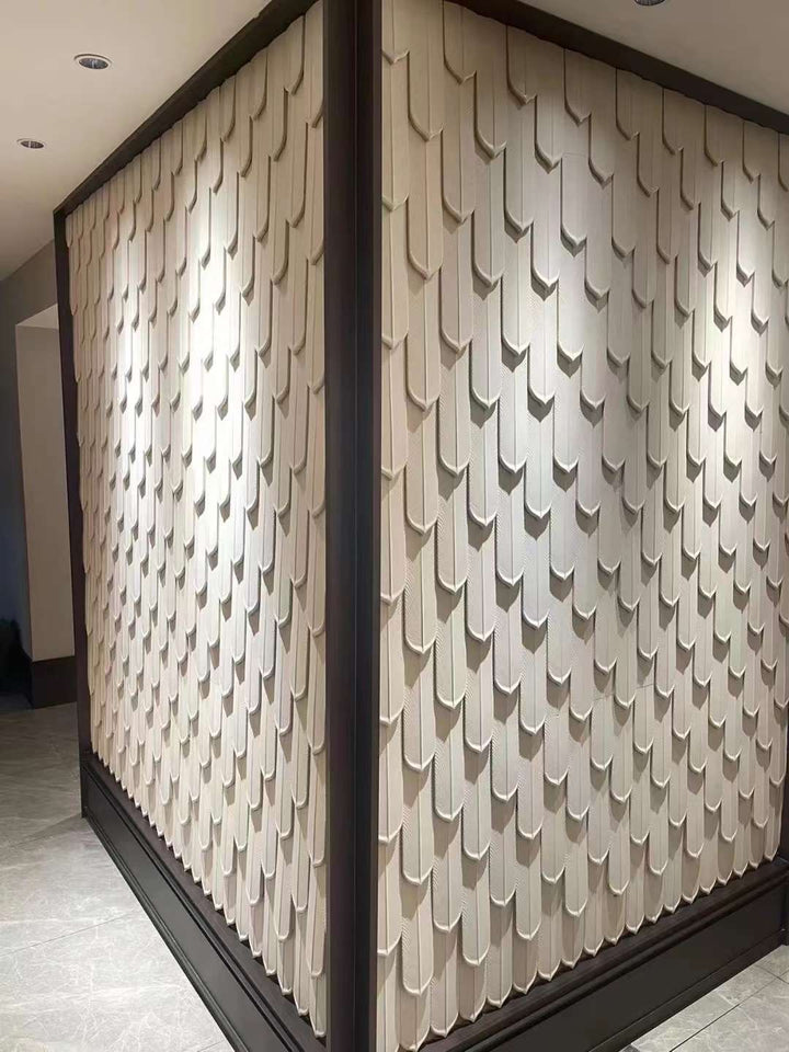 PU feather decorative wall panel installed on a corner feature wall with 3D texture effect