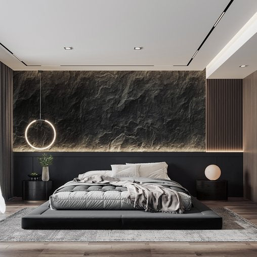 Dark stone-look PU rock wall panel used as a dramatic interior feature wall
