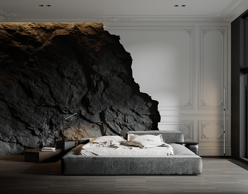 PU rock wall panel with realistic stone-look texture used as a feature wall in a bedroom interior