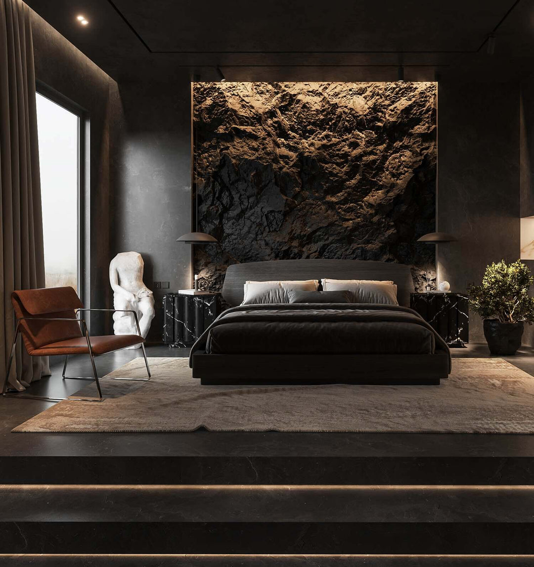 PU rock wall panel with realistic stone-look texture used as a feature wall in a modern bedroom interior