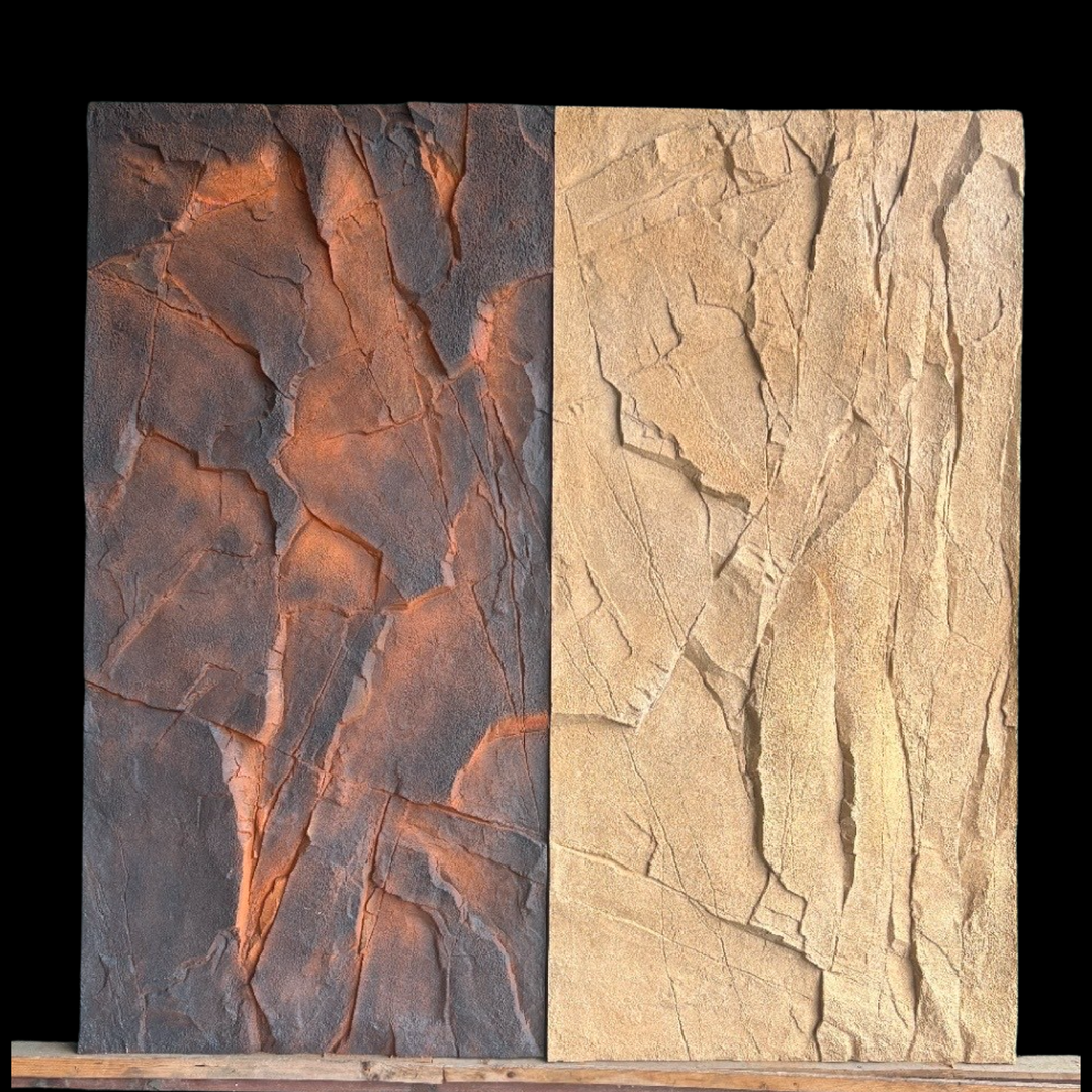 PU rock wall panel showing stone-look texture variations in different colours