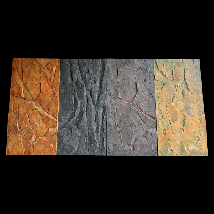 PU rock wall panel texture samples displaying multiple stone-look surface finishes