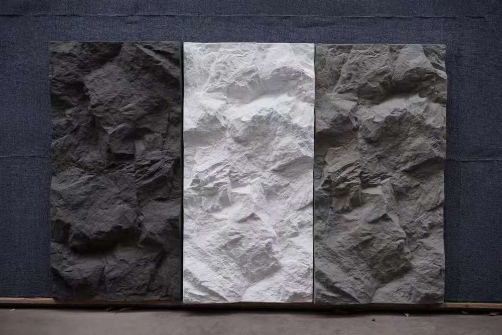 PU rock wall panel showing different stone-look textures and surface variations