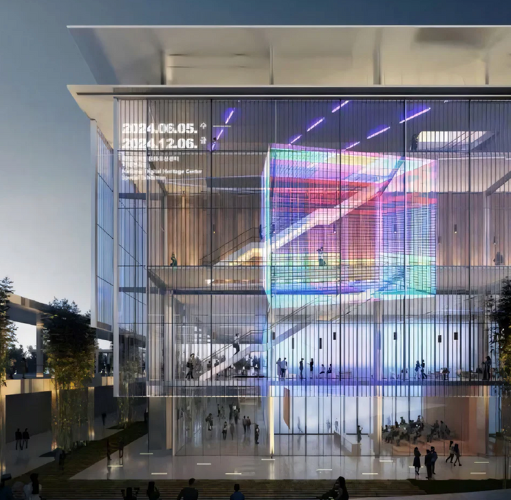 PureView Pro LED mesh display integrated into glass facade for architectural and commercial advertising applications