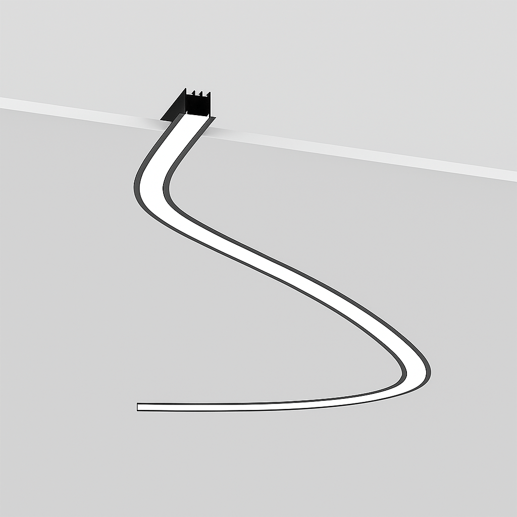 Recessed curved LED linear lighting system for commercial ceilings, featuring seamless continuous light lines in architectural spaces
