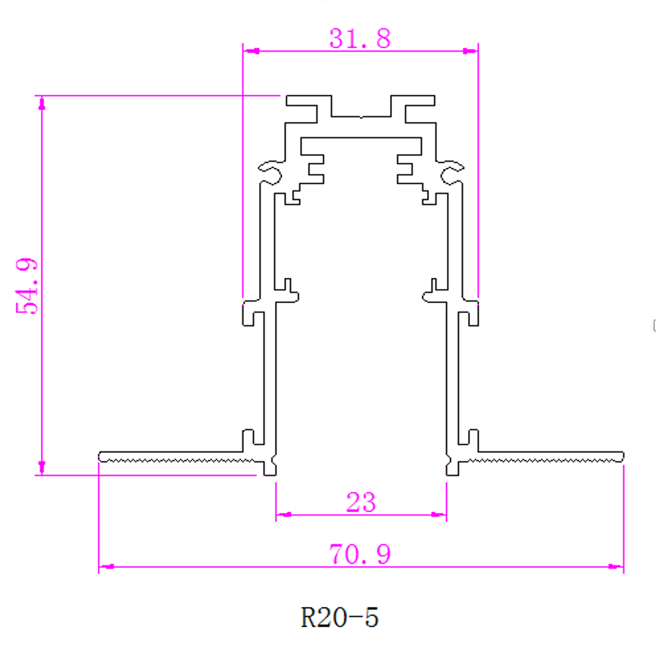 Recessed magnetic track cross section drawing showing 70.9mm overall width 23mm internal channel and 54.9mm height for post-gypsum ceiling installation
