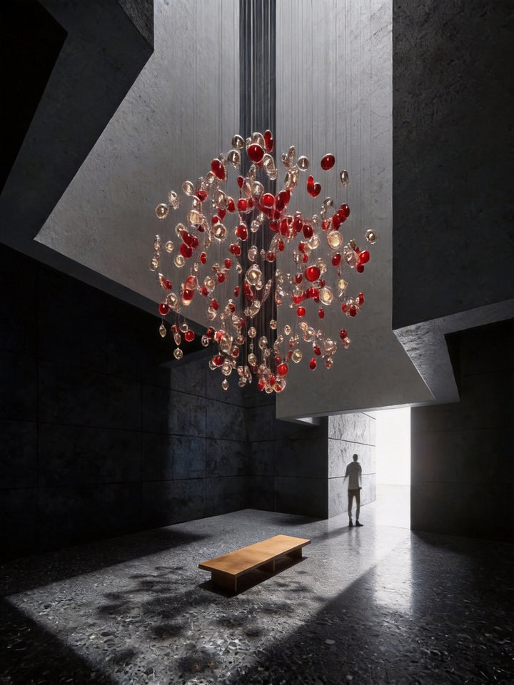 Red and clear hand-blown glass bubble chandelier in a dramatic dark concrete architectural void with terrazzo flooring and human scale reference, BubbleGlow Bespoke Lighting by Lucretia