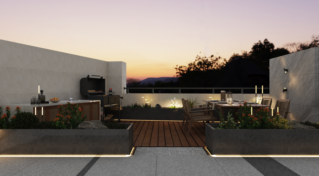 Reed spike lights enhancing architectural landscape design with subtle decorative illumination